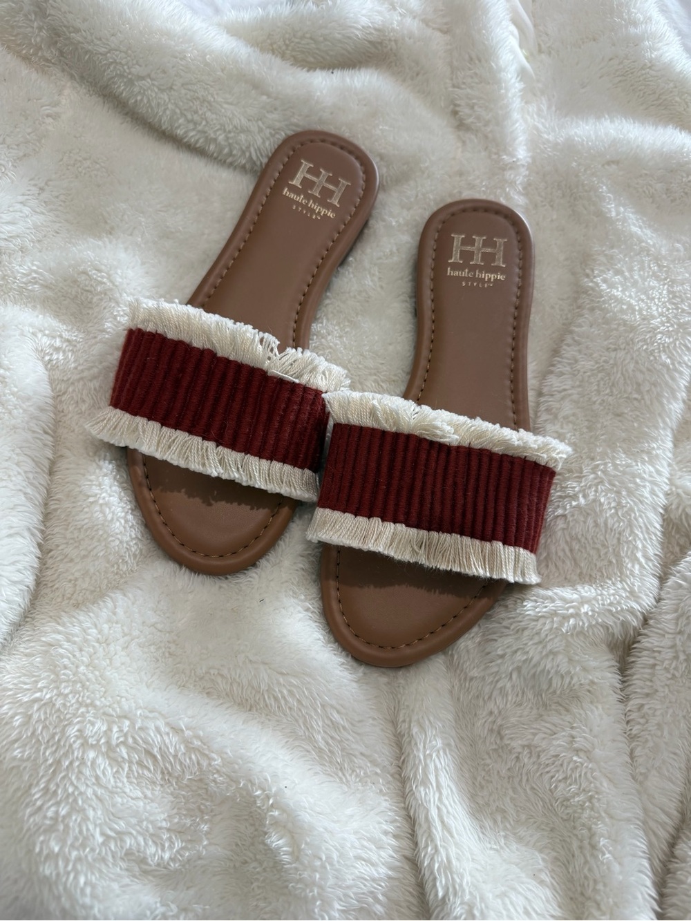 Haute Hippie Burgundy and Cream Fringe Slide Sandals